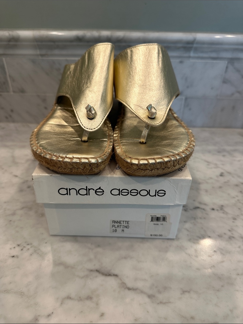 Andre Assous Metallic Gold Leather Thong Espadrille Wedges